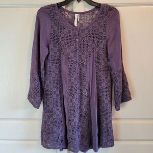 Monoreno Purple Sheer Crochet Long Sleeve Flowy Tunic Mini Dress
